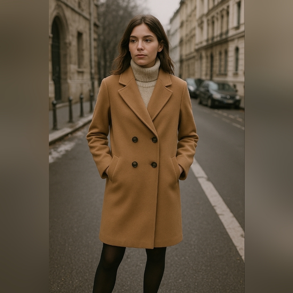 Cabi Camel Wool Blend Coat Double Breasted Classic Knee Length